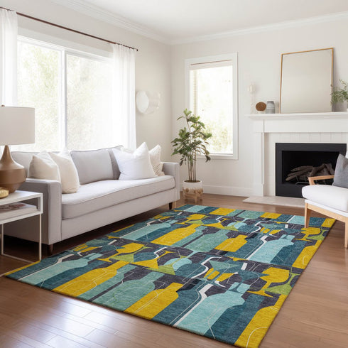 9' X 12' Blue Yellow And Green Geometric Washable Area Rug With UV Protection