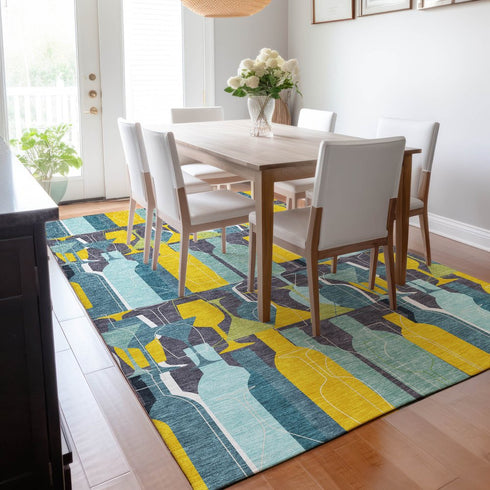 9' X 12' Blue Yellow And Green Geometric Washable Area Rug With UV Protection