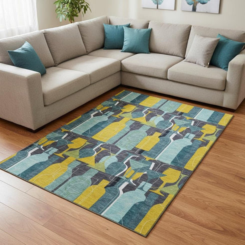 9' X 12' Blue Yellow And Green Geometric Washable Area Rug With UV Protection
