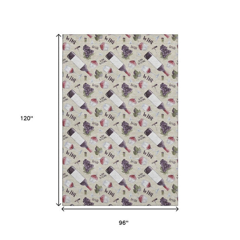 8' X 10' Ivory Purple And Green Geometric Washable Area Rug With UV Protection
