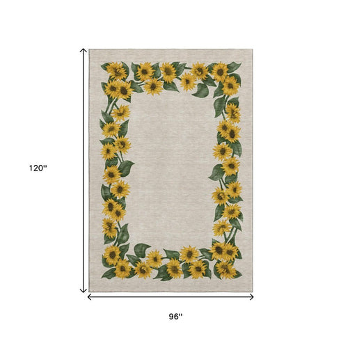 8' X 10' Yellow Green And Ivory Geometric Washable Area Rug With UV Protection