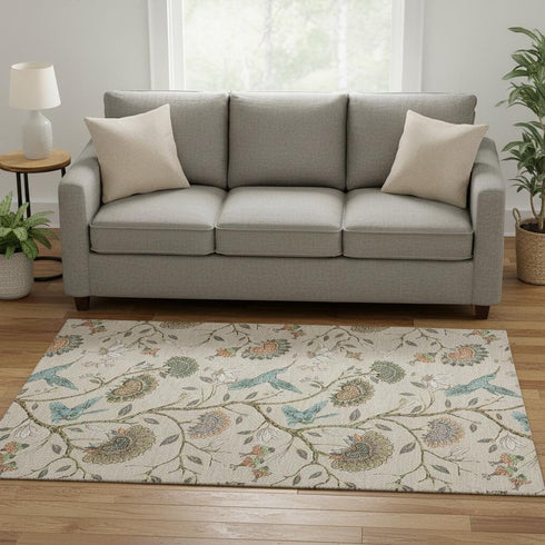 5' X 8' Beige Blue And Peach Geometric Washable Area Rug With UV Protection