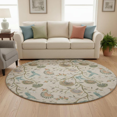 8' Beige Blue And Peach Geometric Washable Round Rug With UV Protection