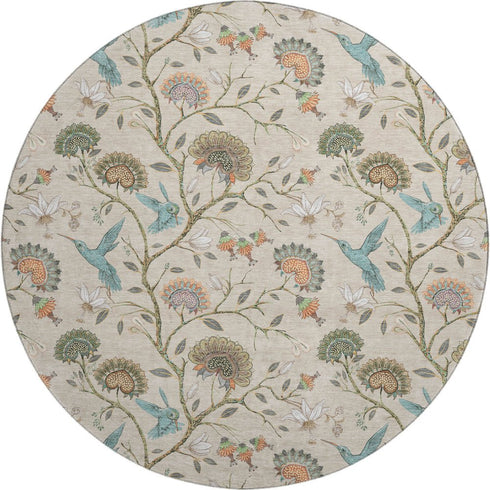 8' Beige Blue And Peach Geometric Washable Round Rug With UV Protection