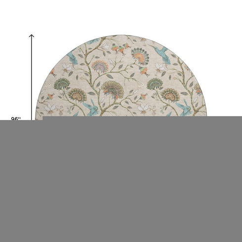 8' Beige Blue And Peach Geometric Washable Round Rug With UV Protection