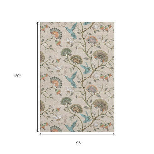 8' X 10' Beige Blue And Peach Geometric Washable Area Rug With UV Protection