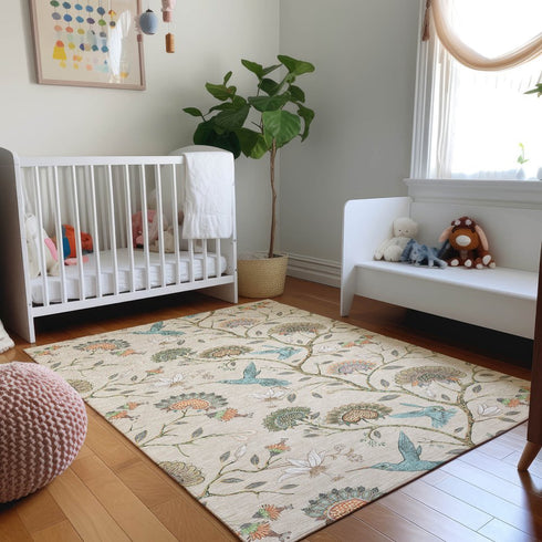 9' X 12' Beige Blue And Peach Geometric Washable Area Rug With UV Protection