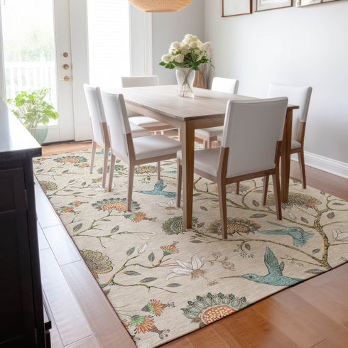 9' X 12' Beige Blue And Peach Geometric Washable Area Rug With UV Protection