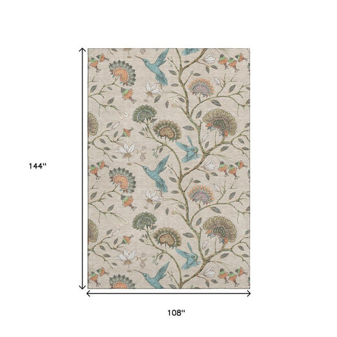 9' X 12' Beige Blue And Peach Geometric Washable Area Rug With UV Protection
