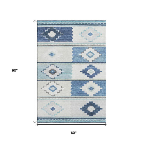 5' X 8' Blue And Ivory Geometric Washable Area Rug With UV Protection