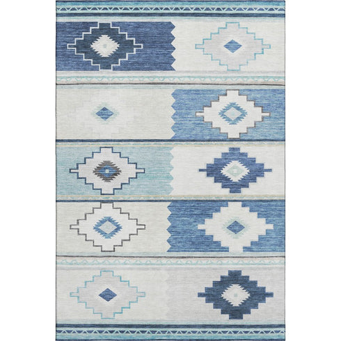 5' X 8' Blue And Ivory Geometric Washable Area Rug With UV Protection