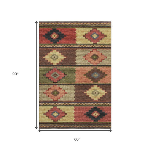 5' X 8' Rust Green And Gold Geometric Washable Area Rug With UV Protection