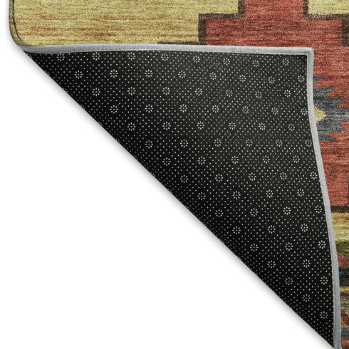 5' X 8' Rust Green And Gold Geometric Washable Area Rug With UV Protection