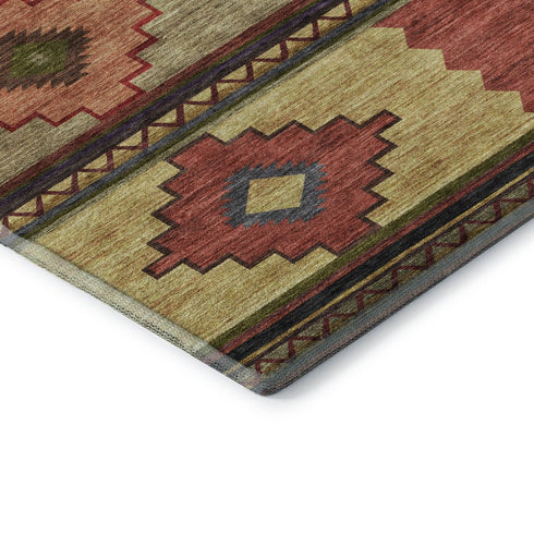 5' X 8' Rust Green And Gold Geometric Washable Area Rug With UV Protection