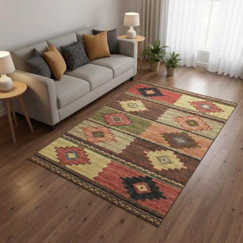5' X 8' Rust Green And Gold Geometric Washable Area Rug With UV Protection
