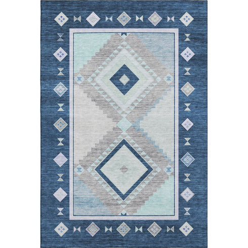 5' X 8' Blue And Ivory Geometric Washable Area Rug With UV Protection