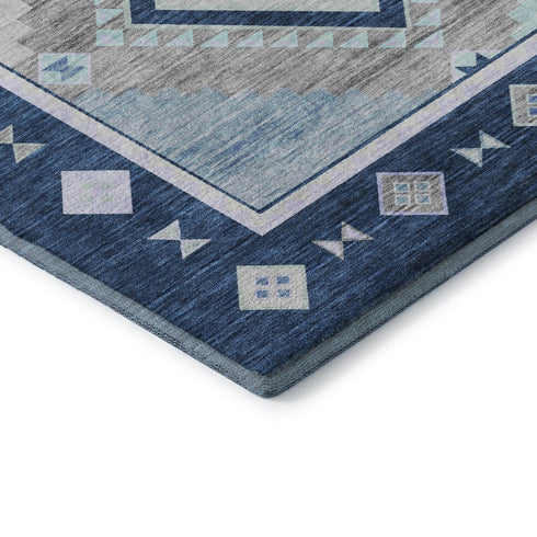 5' X 8' Blue And Ivory Geometric Washable Area Rug With UV Protection