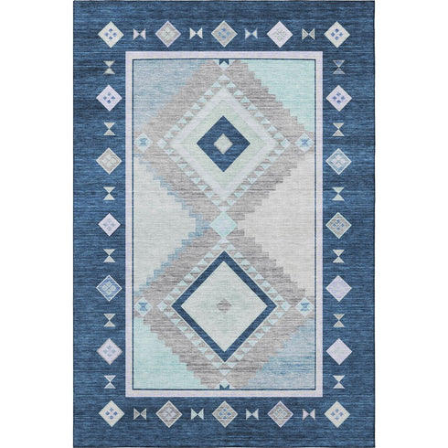 5' X 8' Blue And Ivory Geometric Washable Area Rug With UV Protection