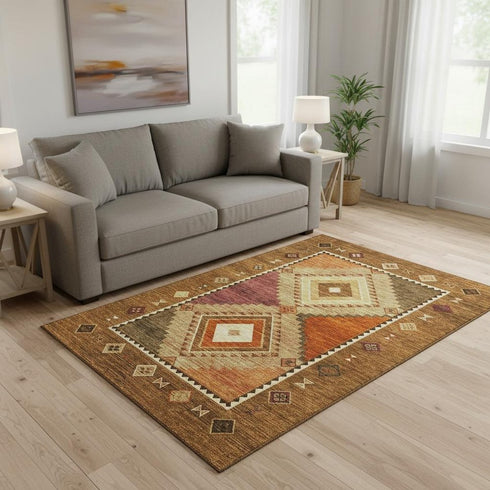 5' X 8' Brown Orange And Beige Geometric Washable Area Rug With UV Protection