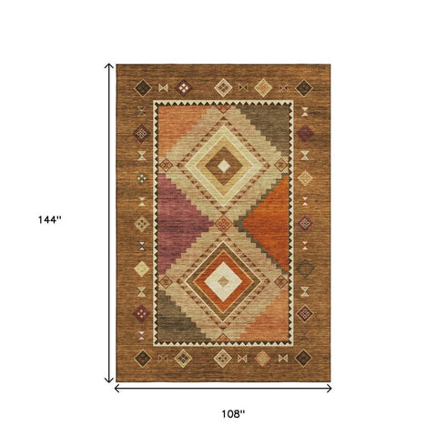9' X 12' Brown Orange And Beige Geometric Washable Area Rug With UV Protection