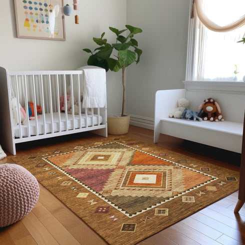 9' X 12' Brown Orange And Beige Geometric Washable Area Rug With UV Protection