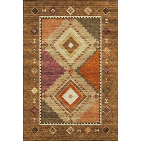 9' X 12' Brown Orange And Beige Geometric Washable Area Rug With UV Protection