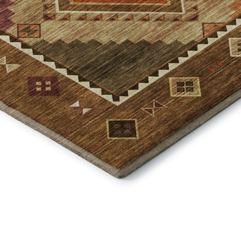 9' X 12' Brown Orange And Beige Geometric Washable Area Rug With UV Protection