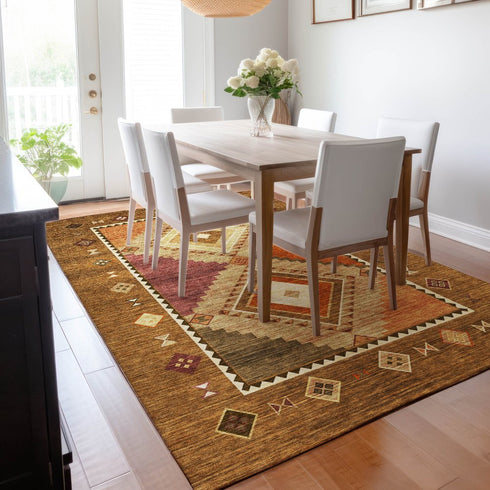 9' X 12' Brown Orange And Beige Geometric Washable Area Rug With UV Protection