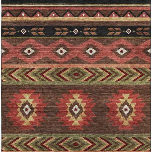 5' X 8' Brown Green And Rust Geometric Washable Area Rug With UV Protection