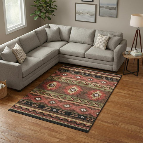 8' X 10' Brown Green And Rust Geometric Washable Area Rug With UV Protection