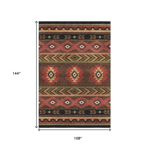9' X 12' Brown Green And Rust Geometric Washable Area Rug With UV Protection