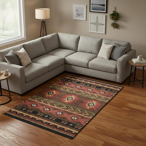 9' X 12' Brown Green And Rust Geometric Washable Area Rug With UV Protection