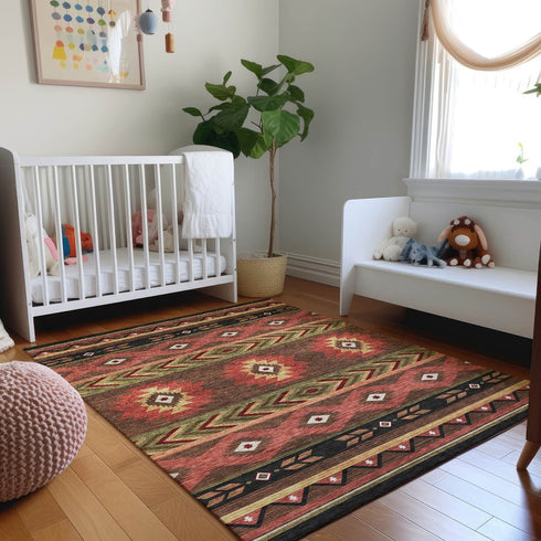 9' X 12' Brown Green And Rust Geometric Washable Area Rug With UV Protection
