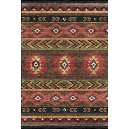 9' X 12' Brown Green And Rust Geometric Washable Area Rug With UV Protection