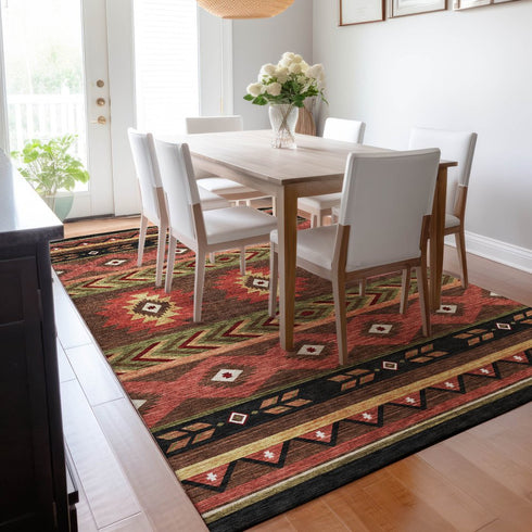 9' X 12' Brown Green And Rust Geometric Washable Area Rug With UV Protection
