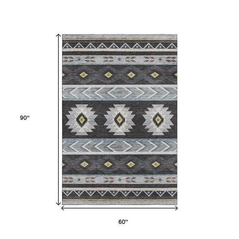 5' X 8' Midnight Gold And Ivory Geometric Washable Area Rug With UV Protection