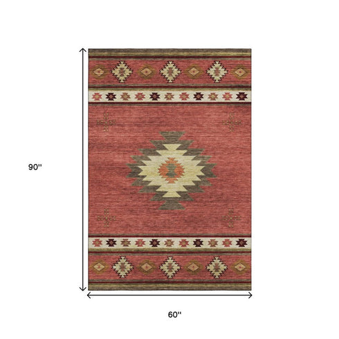 5' X 8' Cinnamon Ivory And Beige Geometric Washable Area Rug With UV Protection