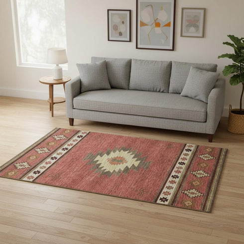 5' X 8' Cinnamon Ivory And Beige Geometric Washable Area Rug With UV Protection