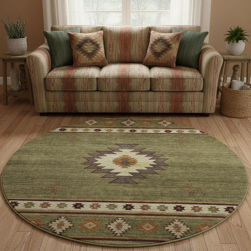 8' Green Beige And Brown Geometric Washable Round Rug With UV Protection