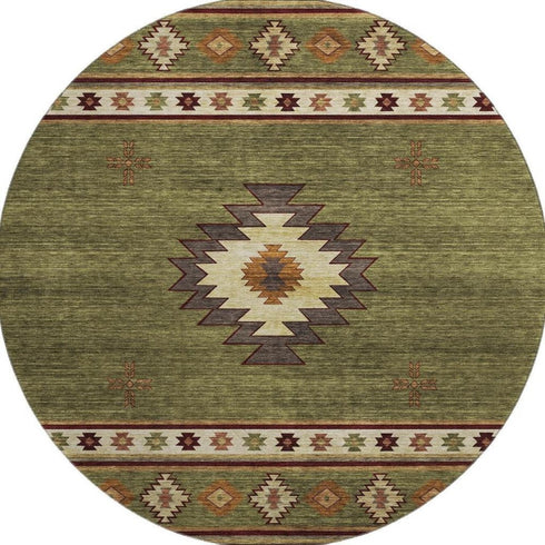 8' Green Beige And Brown Geometric Washable Round Rug With UV Protection