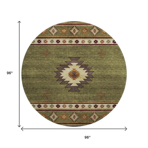 8' Green Beige And Brown Geometric Washable Round Rug With UV Protection