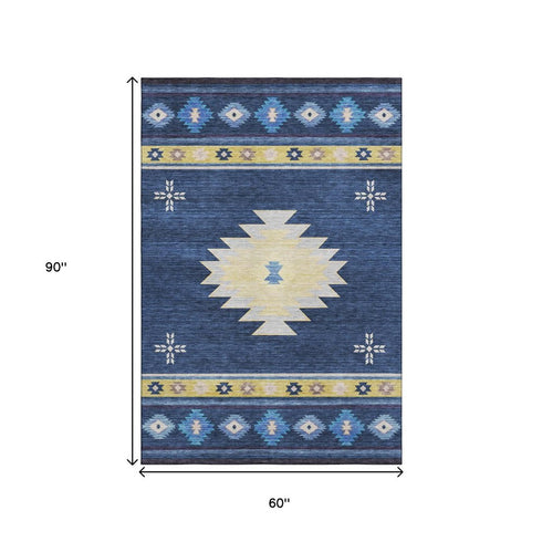 5' X 8' Blue Ivory And Gold Geometric Washable Area Rug With UV Protection
