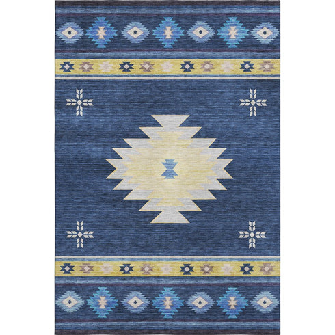 5' X 8' Blue Ivory And Gold Geometric Washable Area Rug With UV Protection