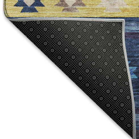 5' X 8' Blue Ivory And Gold Geometric Washable Area Rug With UV Protection