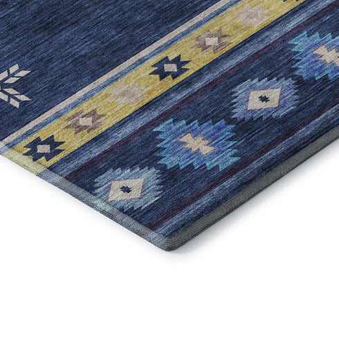 5' X 8' Blue Ivory And Gold Geometric Washable Area Rug With UV Protection