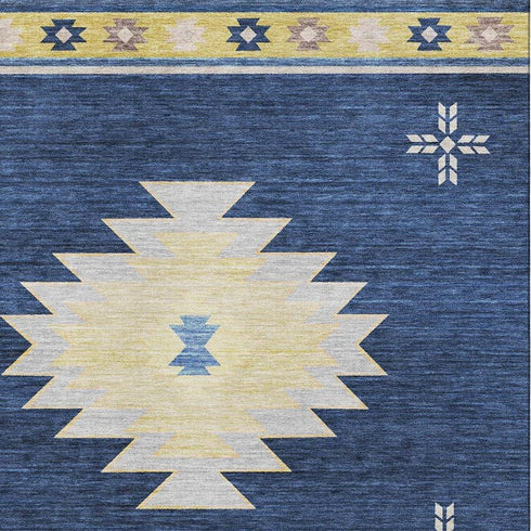 5' X 8' Blue Ivory And Gold Geometric Washable Area Rug With UV Protection