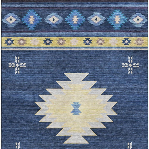 5' X 8' Blue Ivory And Gold Geometric Washable Area Rug With UV Protection