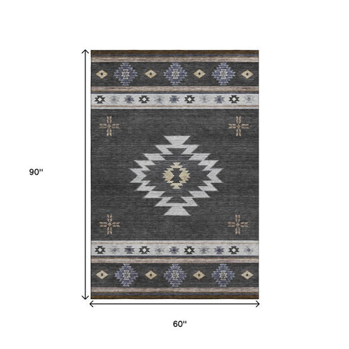 5' X 8' Midnight Ivory And Beige Geometric Washable Area Rug With UV Protection