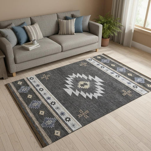 5' X 8' Midnight Ivory And Beige Geometric Washable Area Rug With UV Protection