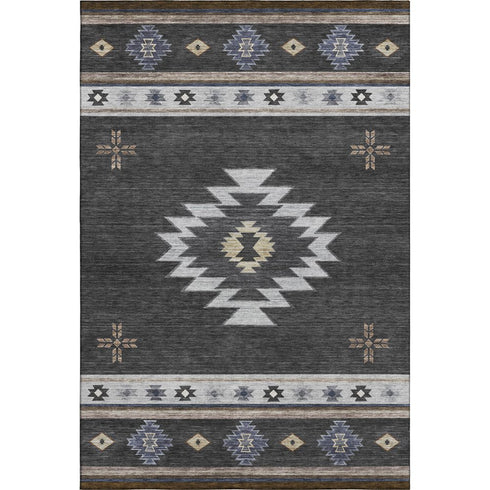 5' X 8' Midnight Ivory And Beige Geometric Washable Area Rug With UV Protection